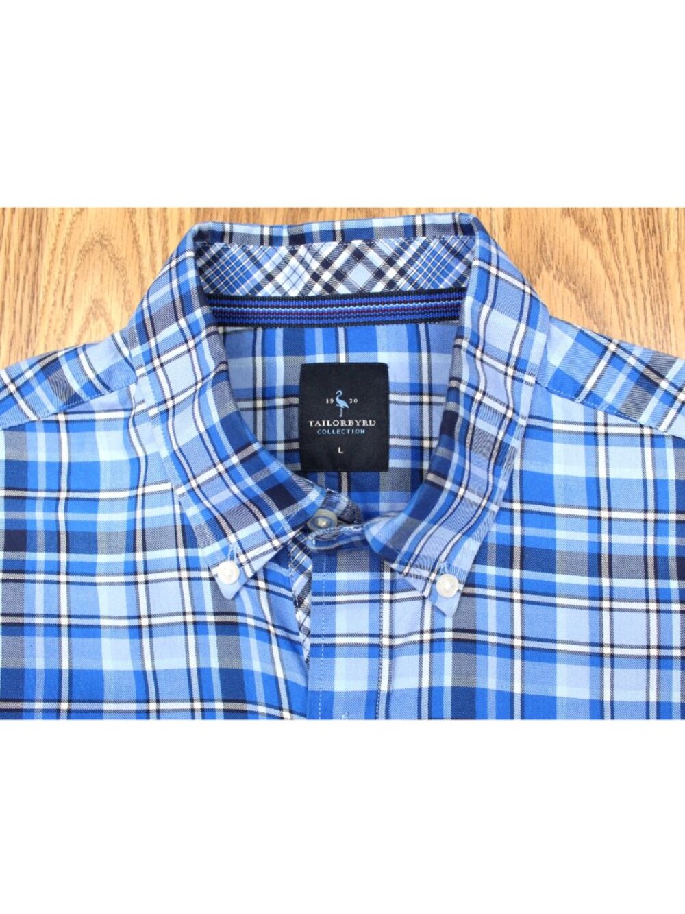 TAILORBYRD REGULAR FIT 100% COTTON SHIRT BLUE & WHITE PLAID Sz LARGE, L